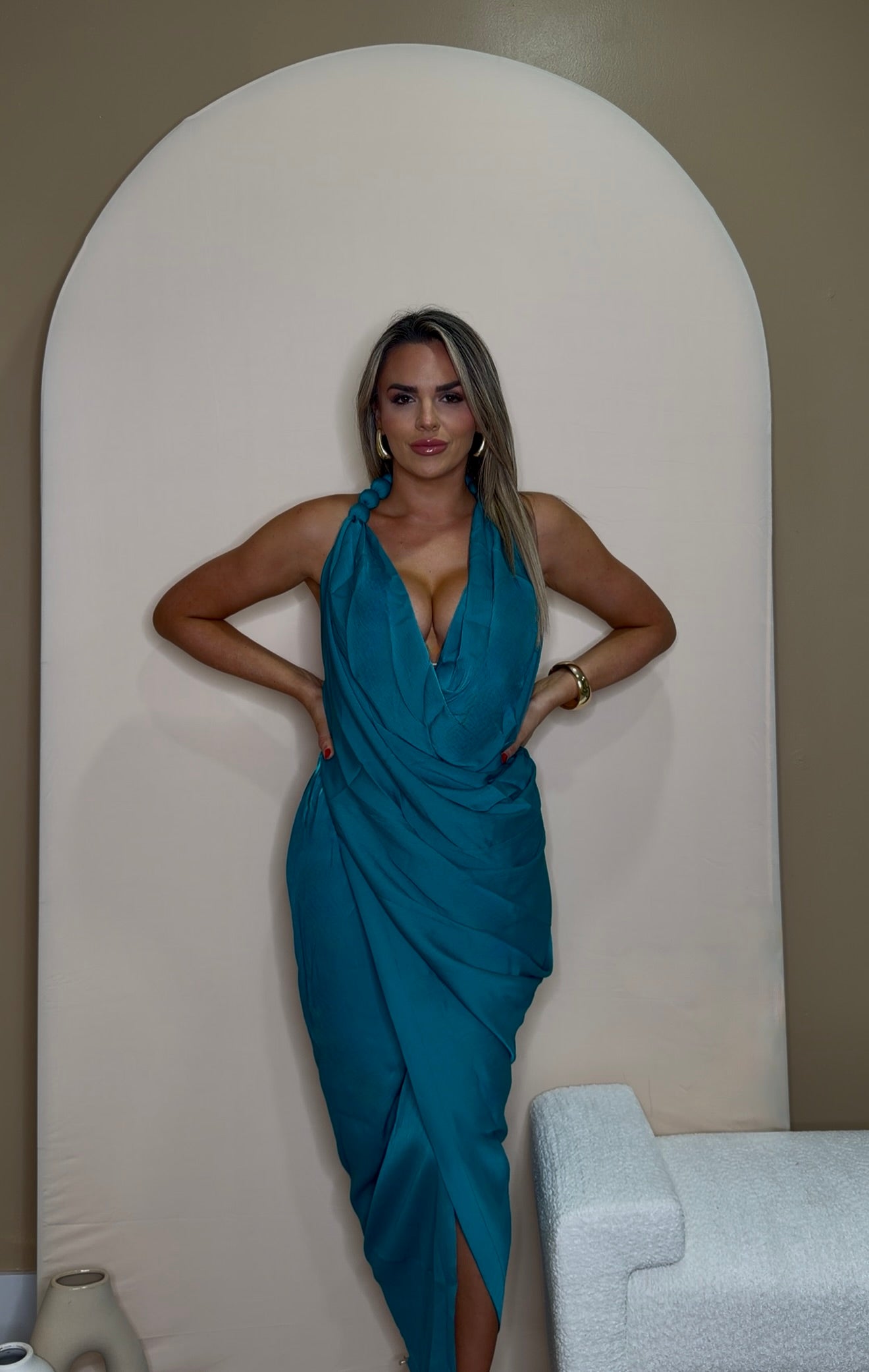 Beaded Accent Drape Dress (Teal)